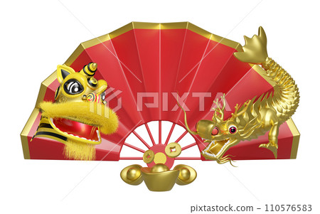 3d fan with lion dance head, dragon, chinese gold ingot, coin for festive chinese new year holiday. 3d render illustration 3d fan with lion dance head, dragon, chinese gold ingot, coin for festive chinese new year holiday. 3d render illustration 110576583