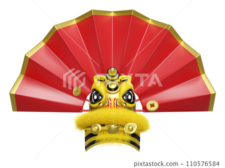 3d fan with yellow lion dance head chinese gold ingot, coin for festive chinese new year holiday. 3d render illustration 3d fan with yellow lion dance head chinese gold ingot, coin for festive chinese new year holiday. 3d render illustration 110576584