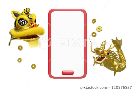 3d mobile phone, smartphone with yellow lion dance head, chinese coin, fan for festive chinese new year holiday. 3d render illustration 3d mobile phone, smartphone with yellow lion dance head, chinese coin, fan for festive chinese new year holiday. 3d render illustration 110576587