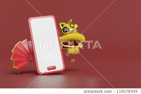 3d mobile phone, smartphone with yellow lion dance head, chinese coin, fan for festive chinese new year holiday. 3d render illustration 110576595