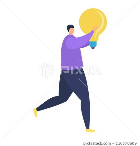 Man holding a large light bulb, symbolizing a big idea or innovation. Male character showcasing creativity and inspiration vector illustration. 110576609