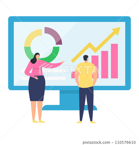 Businesswoman presenting growth chart to colleague. Corporate presentation and analytics discussion. Office meeting and progress report vector illustration. 110576610