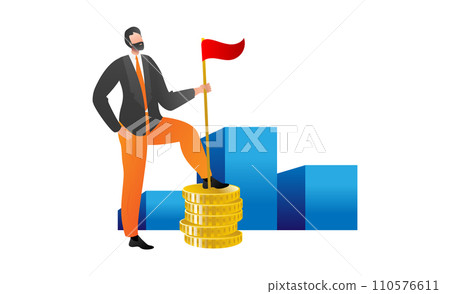 Businessman standing on coins in front of bar graph holding red flag. Achievement in financial success and growth concept. Business goal and victory vector illustration. Businessman standing on coins in front of bar graph holding red flag. Achievement in financial success and growth concept. Business goal and victory vector illustration. 110576611