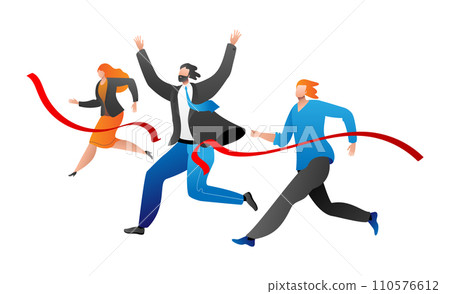 Three business people racing to finish line, man in suit winning. Office competition, employees in corporate race, career success vector illustration. Three business people racing to finish line, man in suit winning. Office competition, employees in corporate race, career success vector illustration. 110576612
