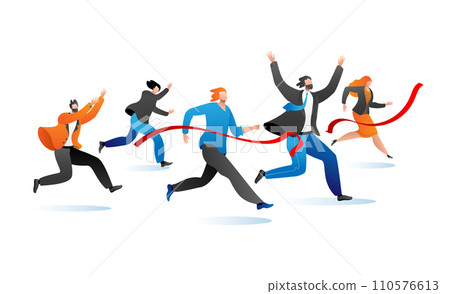 Group of business people racing to finish line, excitement and competition at work. Office employees in a race, achieving goals vector illustration. Group of business people racing to finish line, excitement and competition at work. Office employees in a race, achieving goals vector illustration. 110576613