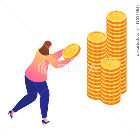 Woman stacking large gold coins, savings growth, financial success. Investment and economy concept vector illustration. 110576635