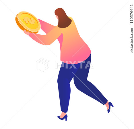 Woman holding large coin, financial concept illustration. Female character with oversized gold coin, investing or saving theme vector illustration. Woman holding large coin, financial concept illustration. Female character with oversized gold coin, investing or saving theme vector illustration. 110576641