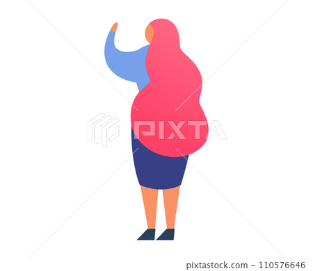 Young woman with long red hair in blue and pink outfit greeting. Modern female character waving hand. Friendly gesture and casual attire vector illustration. 110576646