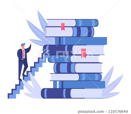 Businessman climbing stairs of book pile. Male executive ascending steps on large stack of books. Personal growth through education vector illustration. 110576649