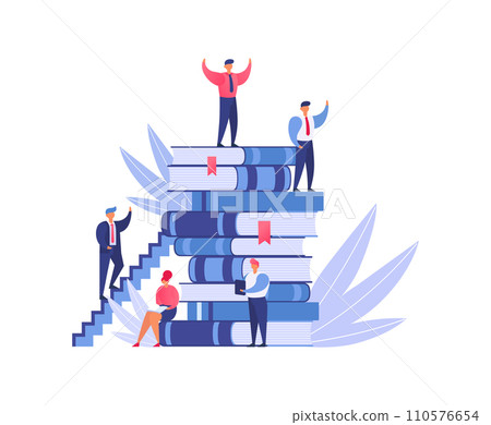 People climbing stairs of stacked books, man on top celebrates success. Education, knowledge growth, and achievement concept. Career ladder, learning success vector illustration. People climbing stairs of stacked books, man on top celebrates success. Education, knowledge growth, and achievement concept. Career ladder, learning success vector illustration. 110576654