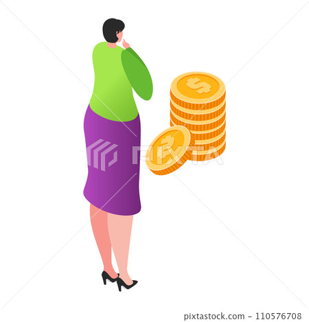 Woman in green top and purple skirt looking at stack of coins. Financial planning and savings concept vector illustration. Woman in green top and purple skirt looking at stack of coins. Financial planning and savings concept vector illustration. 110576708