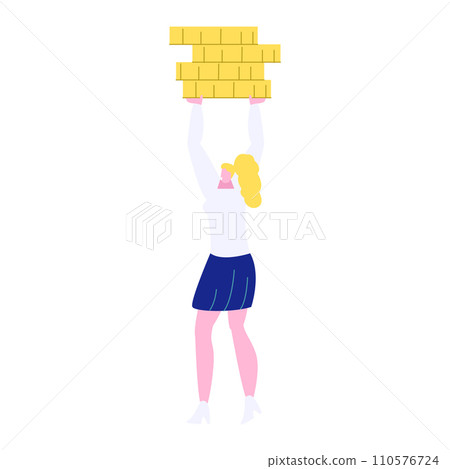 Blond woman lifting gold bars overhead, financial success concept. Wealth growth and investment strategy vector illustration. 110576724