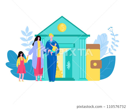 Family with two children standing near a bank building. Mother, father holding baby, and young girl together for finance education. Financial planning for future vector illustration. Family with two children standing near a bank building. Mother, father holding baby, and young girl together for finance education. Financial planning for future vector illustration. 110576732