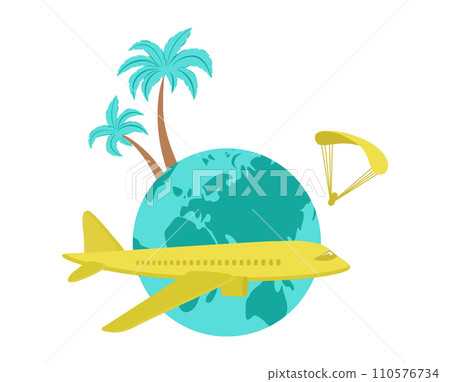 Yellow airplane flying around globe with palm trees and parachute. Travel concept and adventure vector illustration. Yellow airplane flying around globe with palm trees and parachute. Travel concept and adventure vector illustration. 110576734