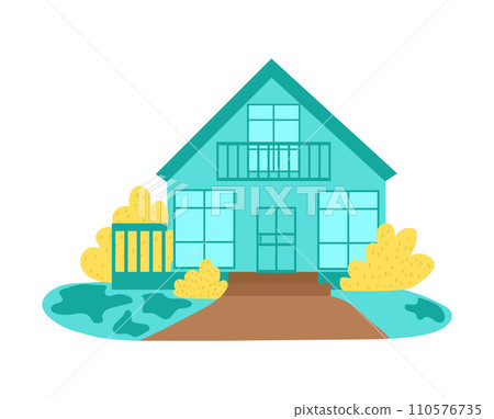Turquoise house with balcony and bushes, front yard with fence and pathway, cartoon suburban home. Turquoise house with balcony and bushes, front yard with fence and pathway, cartoon suburban home. 110576735