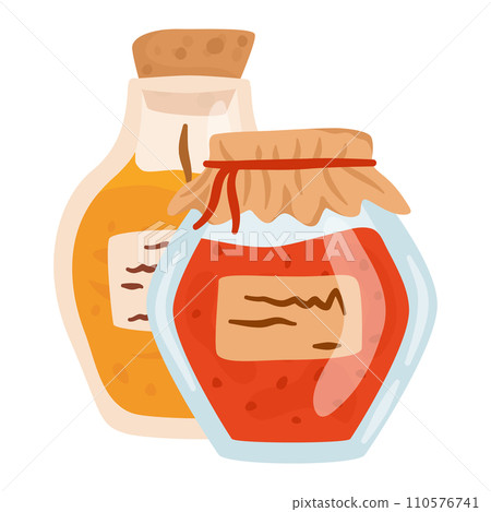 Cartoon honey and jam jars with labels. Cute illustration of homemade preserves in glass containers. Cartoon honey and jam jars with labels. Cute illustration of homemade preserves in glass containers. 110576741