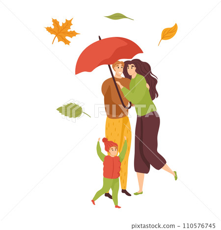 Family walking under red umbrella, autumn leaves blowing, child smiling. Cozy fall season activity, embracing love and warmth together vector illustration. Family walking under red umbrella, autumn leaves blowing, child smiling. Cozy fall season activity, embracing love and warmth together vector illustration. 110576745