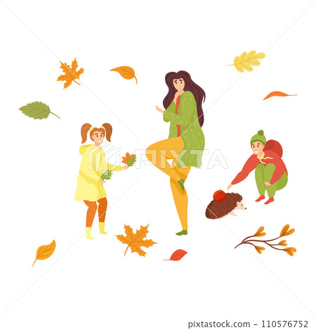 Autumn season activities with mother, daughter and toddler playing with leaves and hedgehog, family enjoying fall. Happy family time and autumn joy vector illustration. 110576752