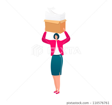 Businesswoman carrying a heavy box of paperwork. Stress at work and deadline concept. Office job overload vector illustration. 110576761