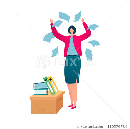 Happy businesswoman throwing papers, celebrating success at office. Excited female employee with documents flying around. Job satisfaction and achievement concept vector illustration. Happy businesswoman throwing papers, celebrating success at office. Excited female employee with documents flying around. Job satisfaction and achievement concept vector illustration. 110576784