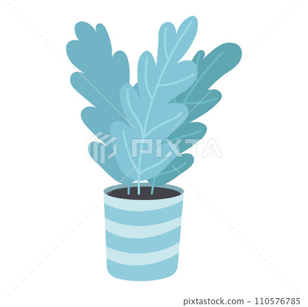Blue potted plant illustration, simple houseplant in striped pot, minimalist flora decor. Indoor plant vector design, Scandinavian style home decoration vector illustration. Blue potted plant illustration, simple houseplant in striped pot, minimalist flora decor. Indoor plant vector design, Scandinavian style home decoration vector illustration. 110576785