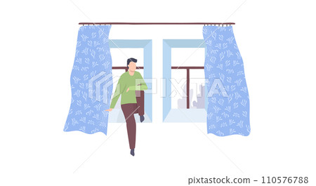 Man in green shirt running indoors, morning jog at home, fitness routine. Indoor exercise, active lifestyle, home workout vector illustration. Man in green shirt running indoors, morning jog at home, fitness routine. Indoor exercise, active lifestyle, home workout vector illustration. 110576788
