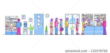 Customers queuing at pharmacy counter, pharmacists assisting, shelves with medications. Healthcare service, modern drugstore interior vector illustration. 110576799