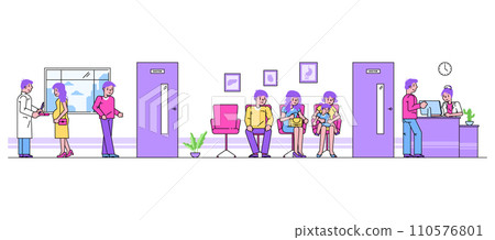 People waiting in hospital reception area, a doctor consulting a patient. Mother and child seating, man talking to receptionist. Healthcare access and patient visit vector illustration. 110576801
