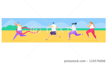 Four diverse people running in a race, athletes competing in an event, dynamic movement. Outdoor sporting competition, endurance challenge vector illustration. Four diverse people running in a race, athletes competing in an event, dynamic movement. Outdoor sporting competition, endurance challenge vector illustration. 110576806
