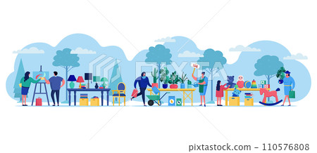 People at outdoor garage sale, customers browsing used items and furniture. Vendor holding price sign at a flea market stand. Community yard sale and second-hand market vector illustration. 110576808