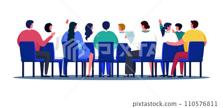 Group of diverse people sitting in a meeting, audience participation, presenting report. Business meeting, team discussion, interactive workshop vector illustration. 110576811