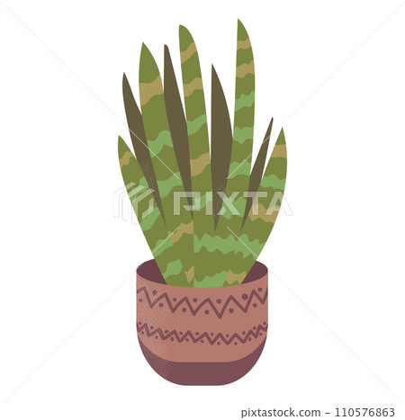 Potted indoor plant with green leaves. Decorative houseplant in a brown patterned pot vector illustration. Nature and home decor flat design. Potted indoor plant with green leaves. Decorative houseplant in a brown patterned pot vector illustration. Nature and home decor flat design. 110576863