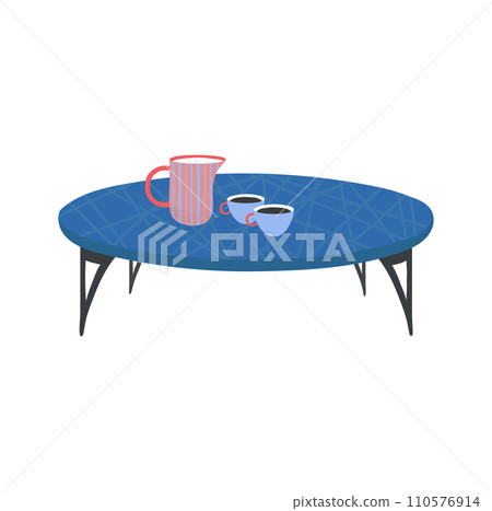 Blue coffee table with striped jug and two cups, cozy home interior element. Modern furniture and tableware, minimalist style vector illustration. Blue coffee table with striped jug and two cups, cozy home interior element. Modern furniture and tableware, minimalist style vector illustration. 110576914