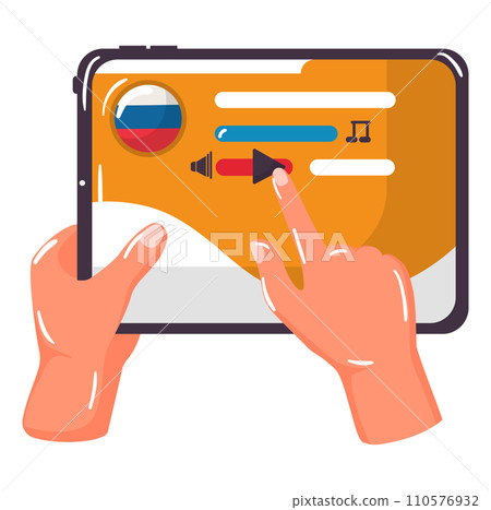 Hands interacting with mobile tablet screen interface. User adjusting audio settings on a digital device. Touchscreen technology and multimedia control vector illustration. 110576932