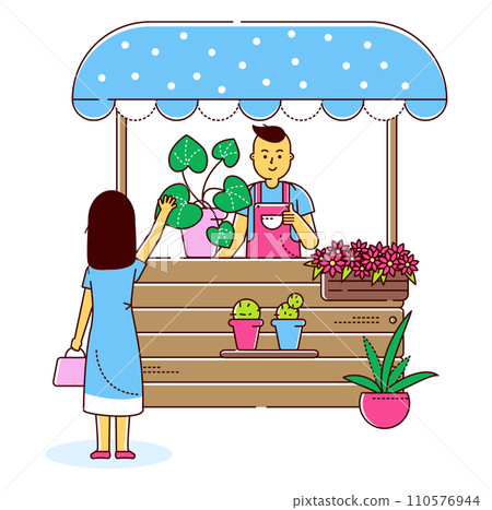 Woman buying plants from a male florist at a stall. Customer choosing potted flowers, friendly service. Small business and gardening shopping vector illustration. 110576944