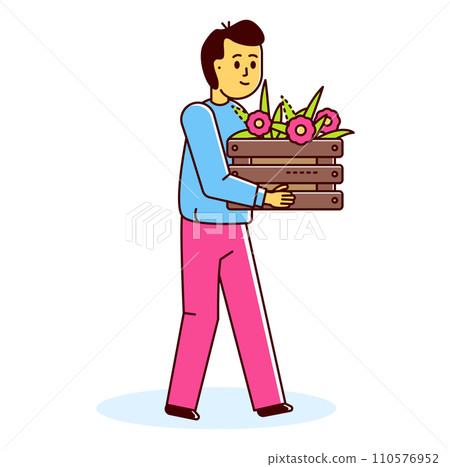 Man carrying pizza boxes with flowers sticking out. Delivery guy with pizzas and floral decoration. Food delivery concept with a twist vector illustration. Man carrying pizza boxes with flowers sticking out. Delivery guy with pizzas and floral decoration. Food delivery concept with a twist vector illustration. 110576952