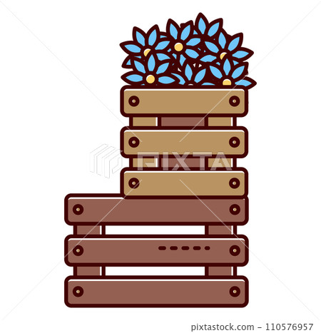 Wooden crate with blue flowers, stack of boxes with plants, garden illustration. Container for blooms, decorative spring planter vector illustration. Wooden crate with blue flowers, stack of boxes with plants, garden illustration. Container for blooms, decorative spring planter vector illustration. 110576957