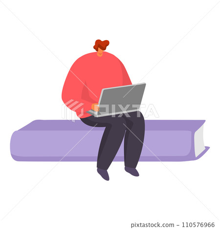 Young man with ginger hair working on laptop while sitting on purple bench. Freelancer typing, remote work, digital nomad vector illustration. 110576966