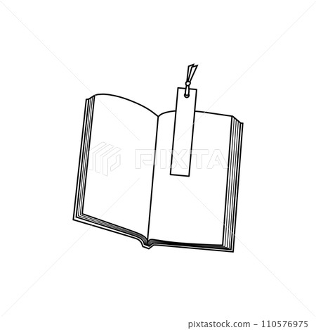 Line drawing of an open book and bookmark (black and white, plain notebook) 110576975