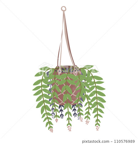 Hanging potted plant with green leaves and trailing vines. Indoor gardening and home decor concept vector illustration. 110576989