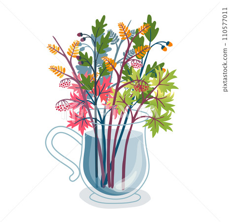 Colorful wildflowers in transparent teacup. Vibrant floral arrangement with diverse foliage. Bouquet of wild flora decor vector illustration. Colorful wildflowers in transparent teacup. Vibrant floral arrangement with diverse foliage. Bouquet of wild flora decor vector illustration. 110577011