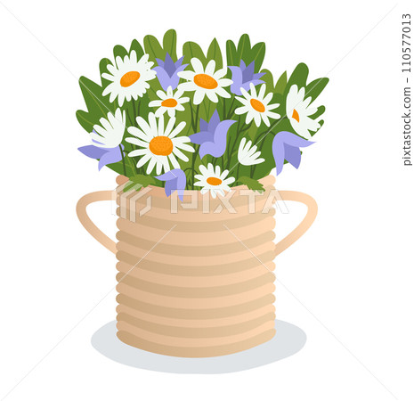 Bouquet of daisies and bellflowers in a wicker basket. Spring flowers with green leaves decoration. Floral arrangement and home decor vector illustration. 110577013