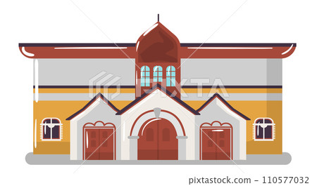 Flat design colorful church building with steeple and large windows. Cartoon style Christian chapel exterior vector illustration. 110577032