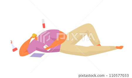 Woman lying down exhausted with test tubes and tablet, scientific research fatigue. Overworked female scientist resting. Tired researcher or lab worker vector illustration. 110577033
