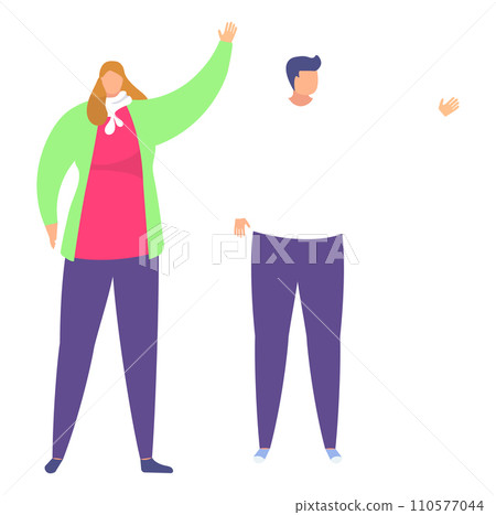 Woman waving hello with disassembled man parts floating. Simplified abstract people greeting, body parts disconnected. Friendly greeting, abstract human figures vector illustration. Woman waving hello with disassembled man parts floating. Simplified abstract people greeting, body parts disconnected. Friendly greeting, abstract human figures vector illustration. 110577044
