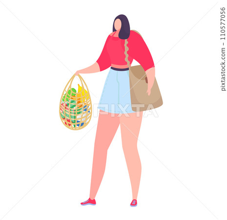 Young woman holding a reusable mesh bag full of fresh fruits. Eco-friendly shopping and zero waste lifestyle vector illustration. Young woman holding a reusable mesh bag full of fresh fruits. Eco-friendly shopping and zero waste lifestyle vector illustration. 110577056