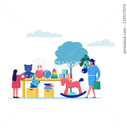 Girl playing with toys at table, woman holding potted plant, outdoor setting with tree. Childhood playtime, happy kids, and gardening hobby vector illustration. Girl playing with toys at table, woman holding potted plant, outdoor setting with tree. Childhood playtime, happy kids, and gardening hobby vector illustration. 110577074