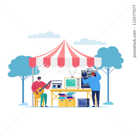 Man playing guitar and person with camera at flea market stall. Outdoor market sale of vintage electronics, music, hobby vector illustration. Man playing guitar and person with camera at flea market stall. Outdoor market sale of vintage electronics, music, hobby vector illustration. 110577077