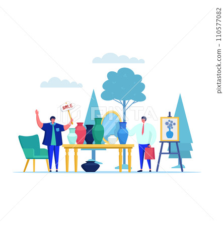 Two men at outdoor pottery market sale, vendor holding a sale sign and customer with shopping bag. Art fair and handmade ceramic pottery shopping vector illustration. Two men at outdoor pottery market sale, vendor holding a sale sign and customer with shopping bag. Art fair and handmade ceramic pottery shopping vector illustration. 110577082