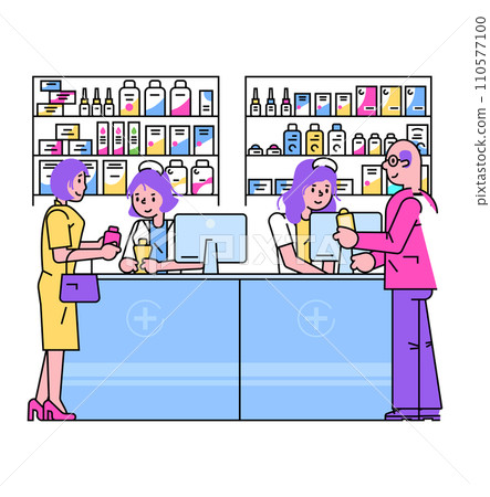 Customer at pharmacy counter talking to pharmacist. Medicine and healthcare service scene in drugstore. Professional consultation and prescription vector illustration. Customer at pharmacy counter talking to pharmacist. Medicine and healthcare service scene in drugstore. Professional consultation and prescription vector illustration. 110577100